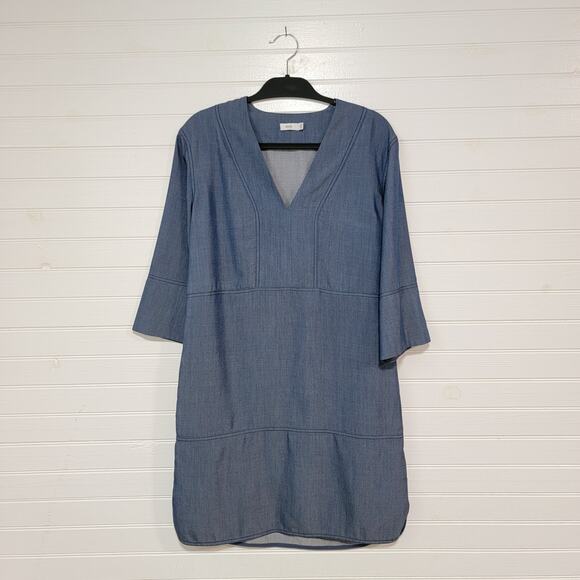 Vince Size Small Lyocell Tunic Mini Dress Denim Chambray V Neck Pockets Designer - Picture 1 of 7